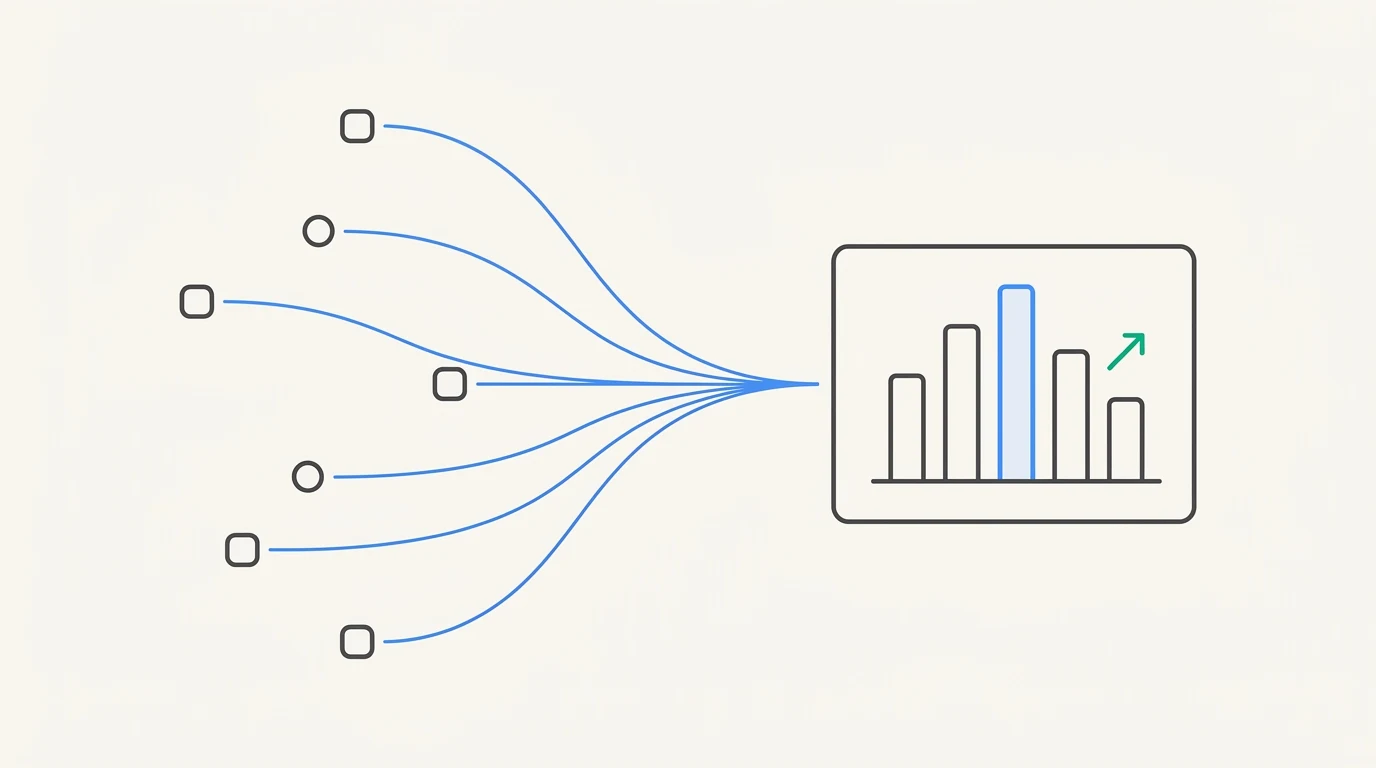 Line-art illustration showing six abstract billing sources on the left converging via thin curving lines into a central dashboard panel with a bar chart and an upward trend arrow on the right.