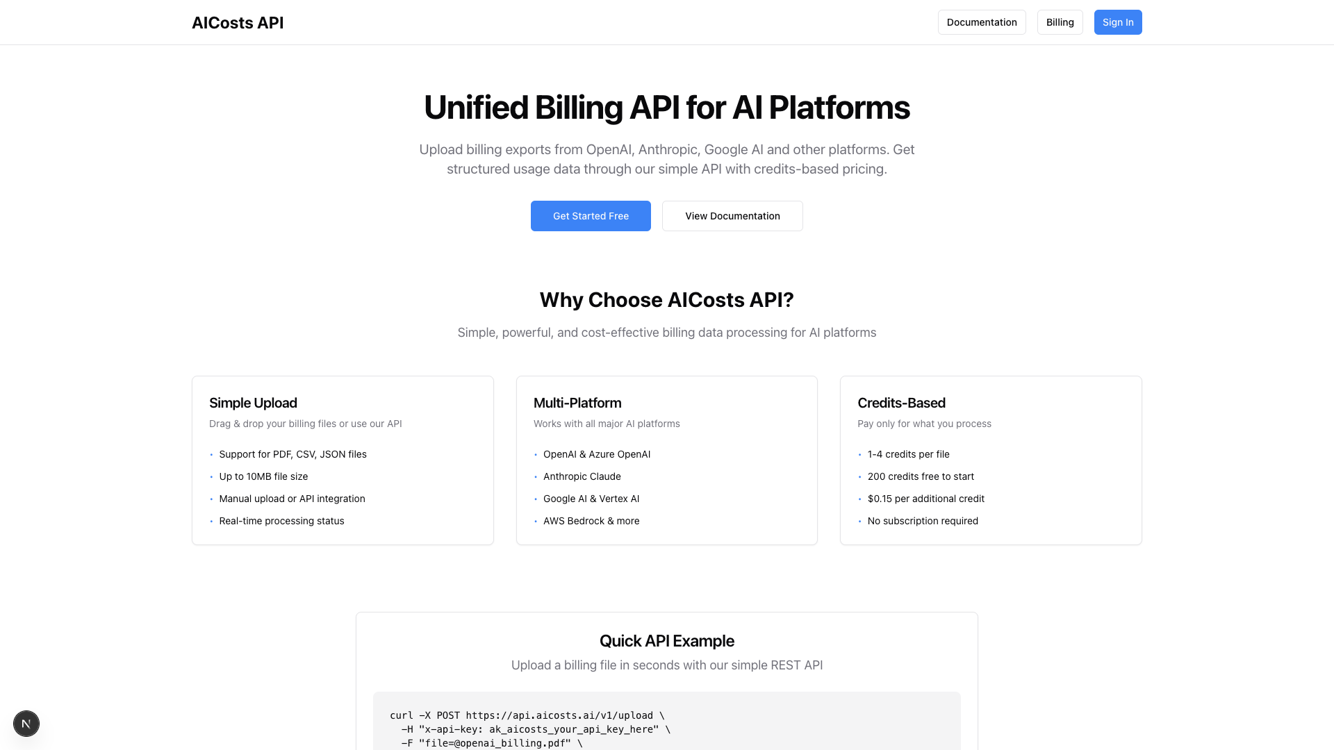 AICosts.ai API Platform Homepage